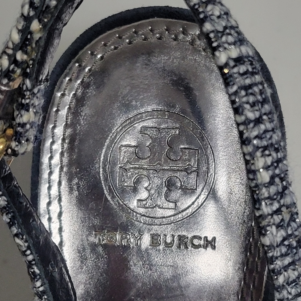 Tory Burch Tweed Metallic Bow Detail Pointy Toe Sling Back Heels. - Picture 2 of 16